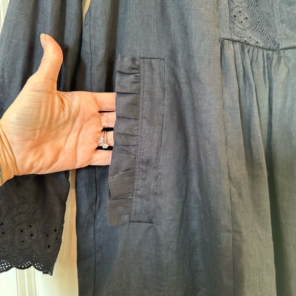 On This Note Noa Noa Linen Dress XS Navy Blue Ruffles & Lace Victoria Collar - Picture 5 of 11